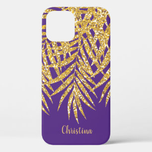 Gold Glitter Palm Fronds Name Personalised Purple iPhone 12 Case