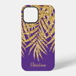 Gold Glitter Palm Fronds Name Personalised Purple iPhone 12 Case