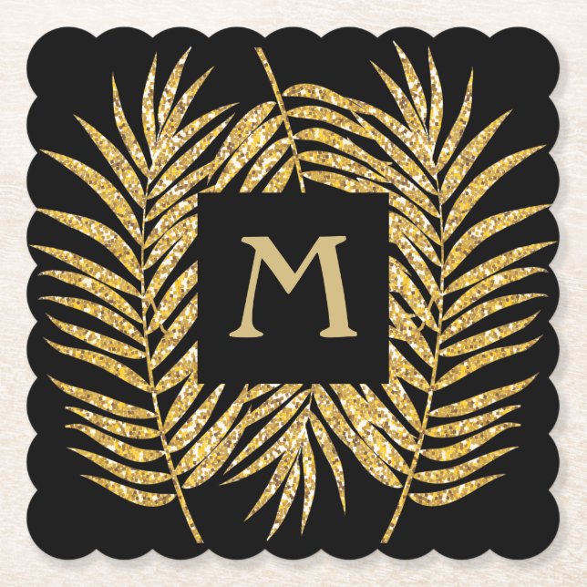 Gold Glitter Palm Fronds Paper Coaster (Front)