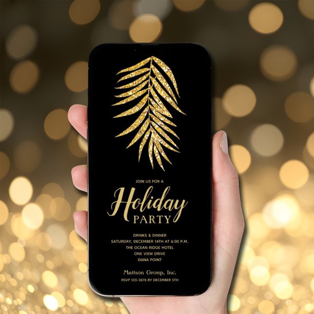 Gold Glitter Palm on Black Christmas Holiday Invitation (Gold faux glitter palm on black Christmas holiday invitations - INSTANT DOWNLOAD and/or PRINTED)