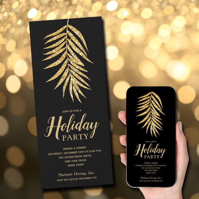 Gold Glitter Palm on Black Christmas Party Invitation (Gold Glitter Palm on Black Christmas Party Invitations - INSTANT DOWNLOAD and/or PRINTED)