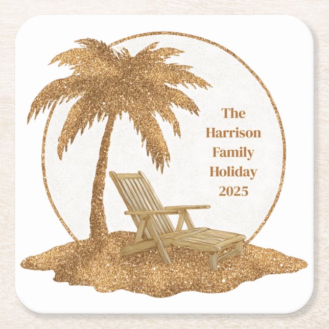 Gold Glitter Palm Tree with Custom Text Square Paper Coaster (Front)