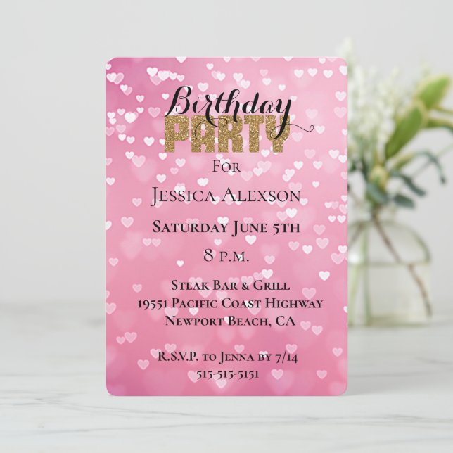 Gold Glitter Party Pink White Hearts Birthday  Invitation (Standing Front)