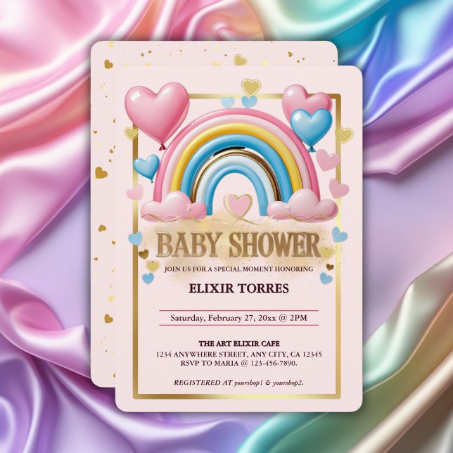 Gold Glitter Pastel Hearts and Rainbow Baby Shower Invitation (Creator Uploaded)
