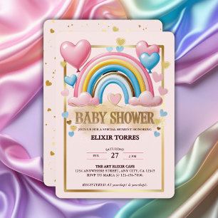 Gold Glitter Pastel Hearts and Rainbow Baby Shower Invitation