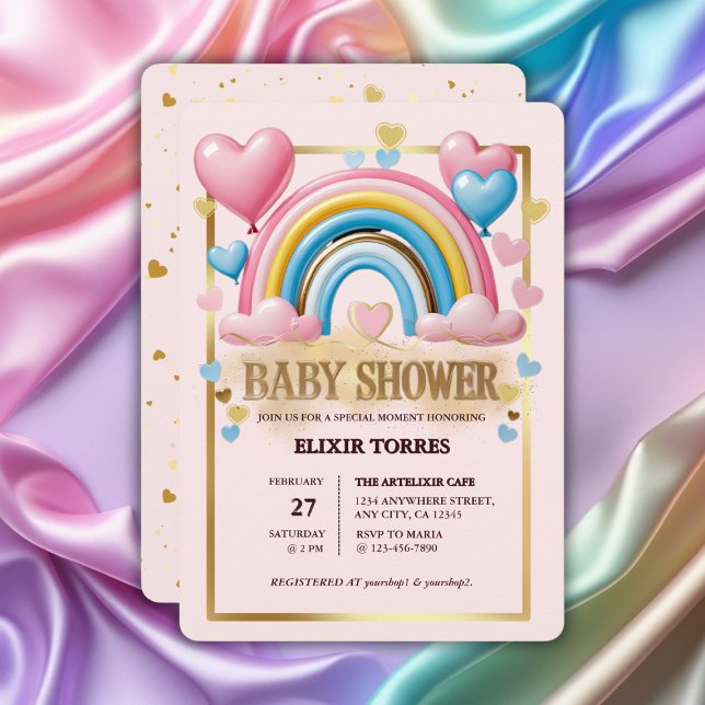 Gold Glitter Pastel Hearts and Rainbow Baby Shower Invitation (Creator Uploaded)