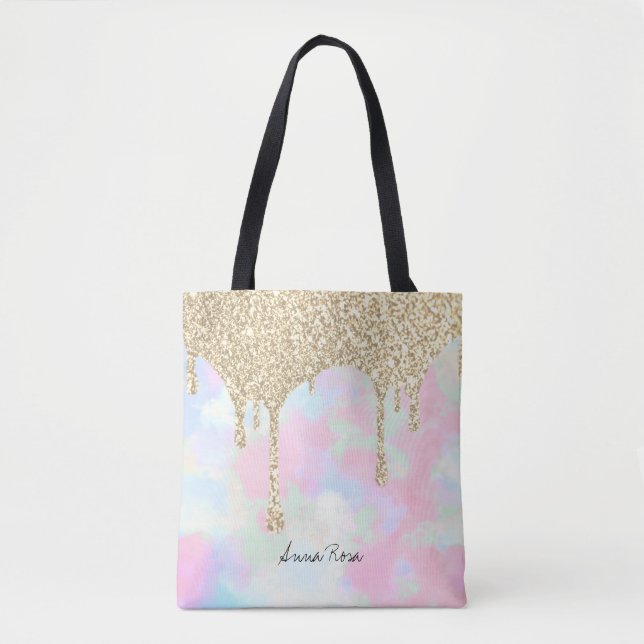 *~* Gold Glitter Pastel Unicorn Mermaid Rainbow Tote Bag (Front)