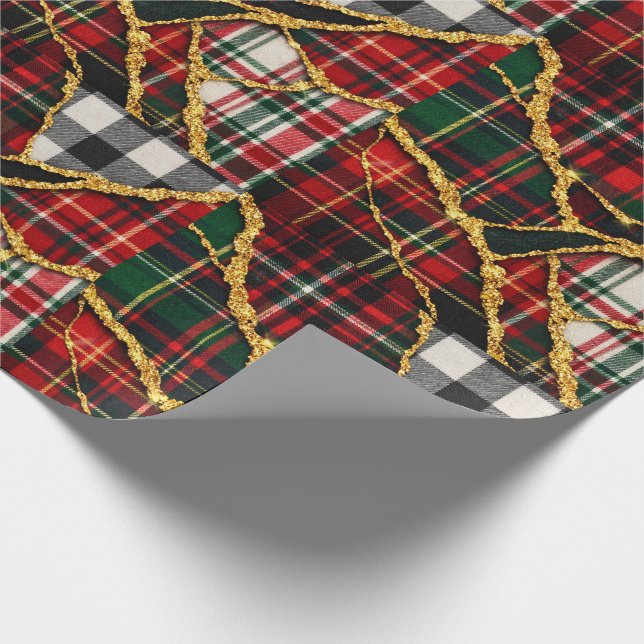 Gold Glitter Patchwork Plaid Christmas Wrapping Paper (Corner)