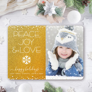 Gold Glitter Peace Joy Love Photo Snowflake Modern Holiday Card