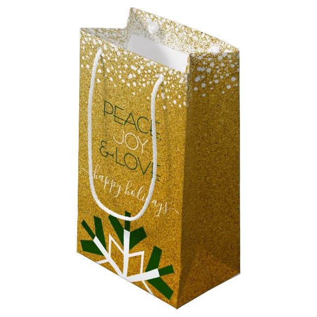 Gold Glitter Peace Joy Love Typography Snowflake Small Gift Bag (Front Angled)