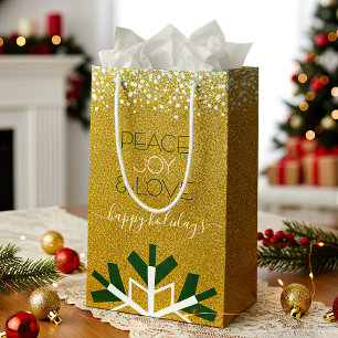 Gold Glitter Peace Joy Love Typography Snowflake Small Gift Bag