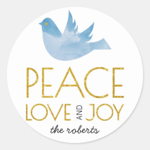 Gold glitter Peace, Love, Joy blue dove Christmas Classic Round Sticker