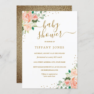 Gold Glitter Peach Floral Girl Baby Shower Invite
