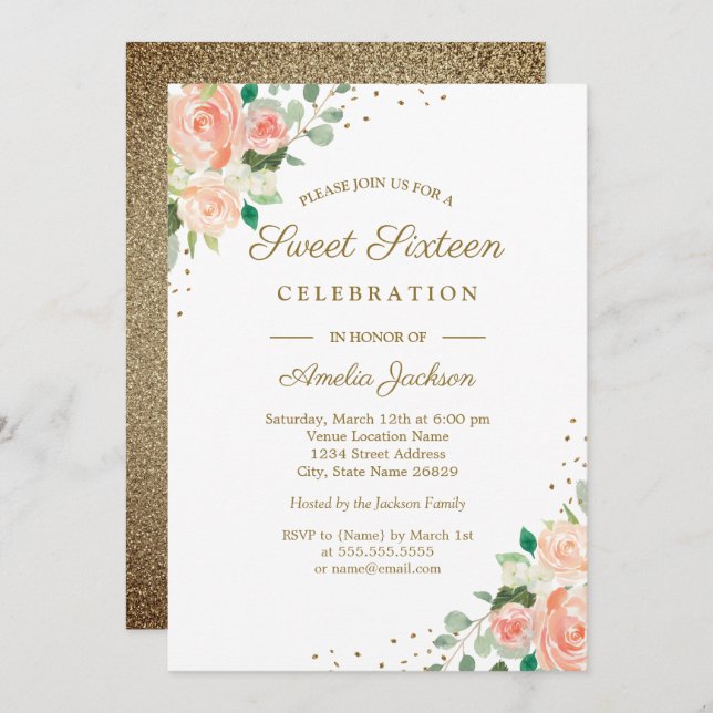 Gold Glitter Peach Floral Sweet Sixteen Invite (Front/Back)