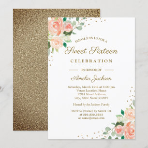 Gold Glitter Peach Floral Sweet Sixteen Invite