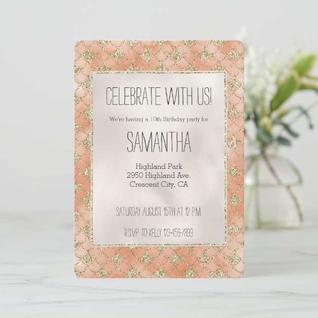 Gold Glitter Peach Rose Mermaid Invitation (Standing Front)