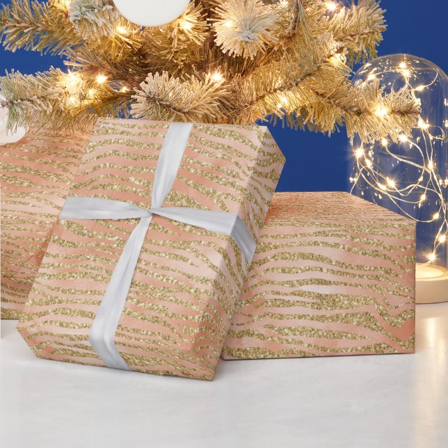 Gold Glitter Peach Rose Zebra Print  Wrapping Paper (Holidays)