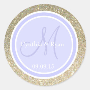 Gold Glitter & Periwinkle Wedding Monogram Classic Round Sticker