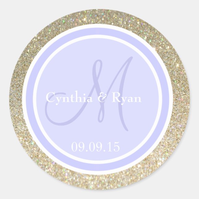 Gold Glitter & Periwinkle Wedding Monogram Classic Round Sticker (Front)