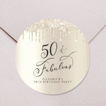 Gold Glitter Personalised 50th Birthday Classic Round Sticker<br><div class="desc">Send out your fiftieth birthday party invitations and correspondence sealed with these elegant and chic personalised stickers. "50 & Fabulous" is written in stylish script against a champagne gold faux foil background,  with gold faux glitter dripping from the top. You can personalise with your name.</div>
