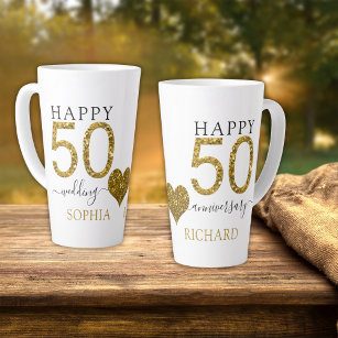 Gold Glitter Personalised 50th Wedding Anniversary Latte Mug