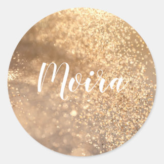 Gold Glitter Personalised White Cursive Lettering Classic Round Sticker