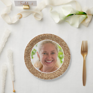 Gold Glitter Photo Birthday  Paper Plate