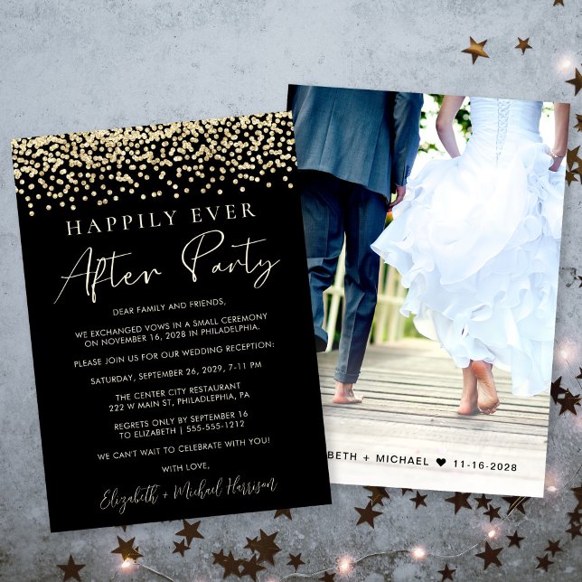 Gold Glitter Photo Black Wedding Reception Announcement (Creator Uploaded)