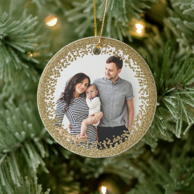 Gold Glitter Photo Christmas Ceramic Ornament (Tree)