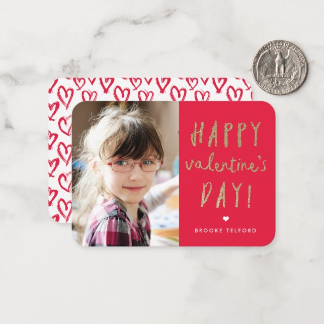 Gold Glitter Photo Classroom Happy Valentine’s Day Card (Front/Back In Situ)