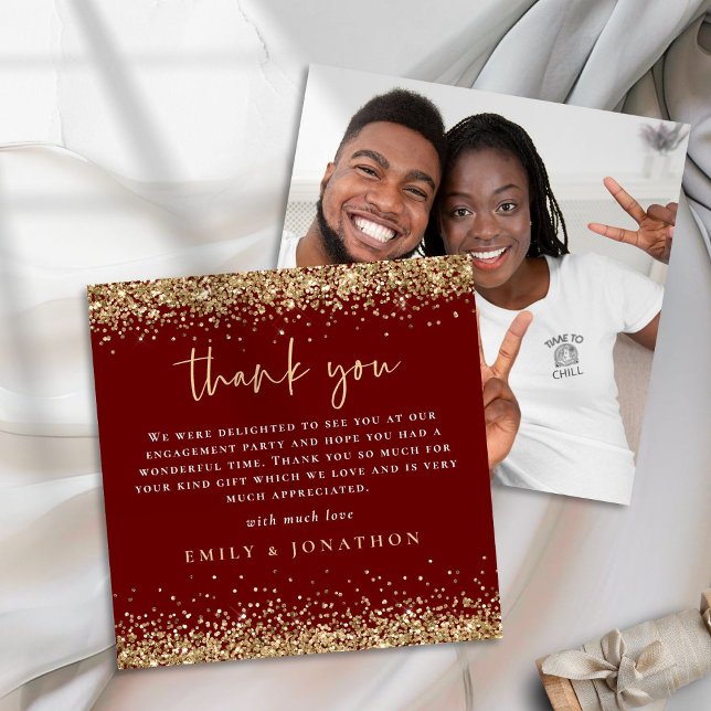 Gold Glitter Photo Engagement Thanks Burgundy Card (Front and back view)