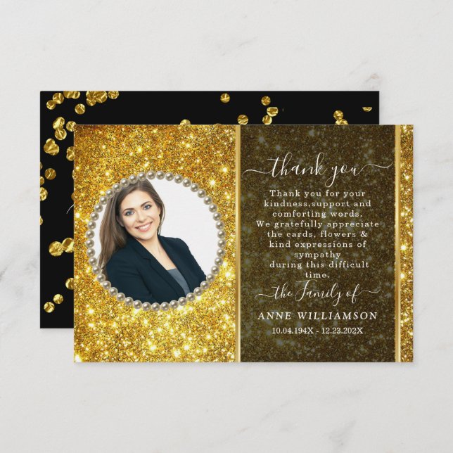 Gold Glitter Photo Funeral Thank You Card (Front/Back)