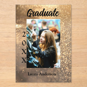 Gold glitter photo graduation add name class text acrylic invitations