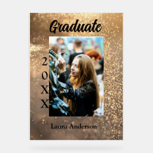 Gold glitter photo graduation add name class text acrylic sign