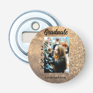 Gold glitter photo graduation add name class text bottle opener
