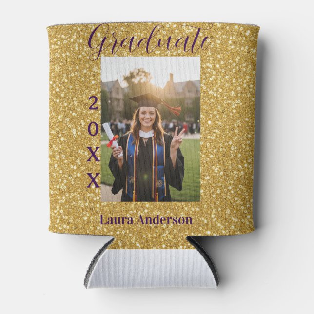 Gold glitter photo graduation add name class text can cooler (Front)