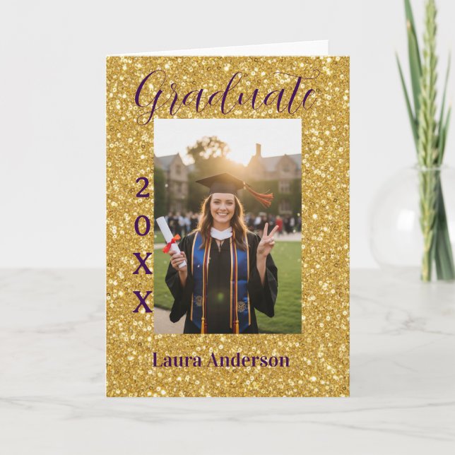 Gold glitter photo graduation add name class text card (Front)