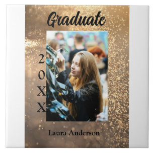 Gold glitter photo graduation add name class text ceramic tile