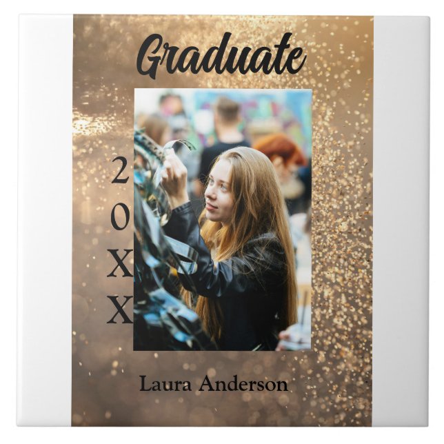 Gold glitter photo graduation add name class text ceramic tile (Front)