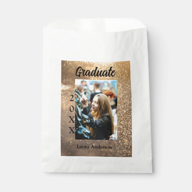 Gold glitter photo graduation add name class text favour bag (Front)