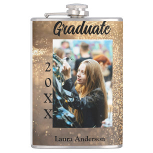 Gold glitter photo graduation add name class text hip flask
