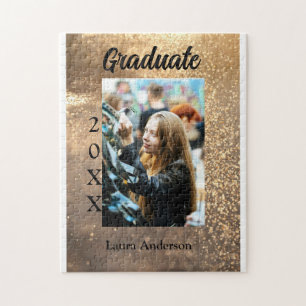 Gold glitter photo graduation add name class text jigsaw puzzle