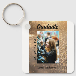 Gold glitter photo graduation add name class text key ring