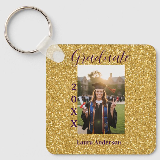 Gold glitter photo graduation add name class text key ring (Front)