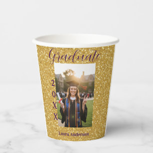 Gold glitter photo graduation add name class text paper cups