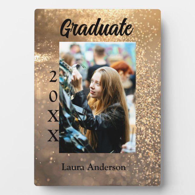 Gold glitter photo graduation add name class text plaque (Front)
