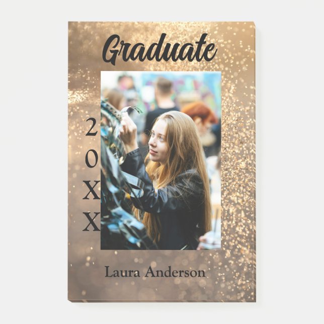 Gold glitter photo graduation add name class text post-it notes (Front)