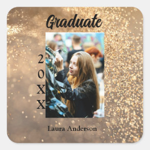 Gold glitter photo graduation add name class text square sticker