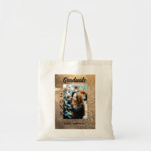 Gold glitter photo graduation add name class text tote bag