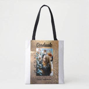 Gold glitter photo graduation add name class text tote bag